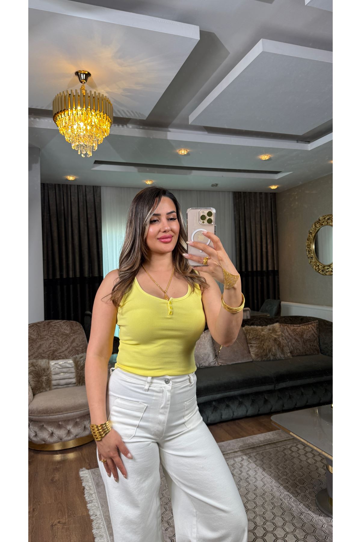 Dilvin düğmeli askılı crop-sarı