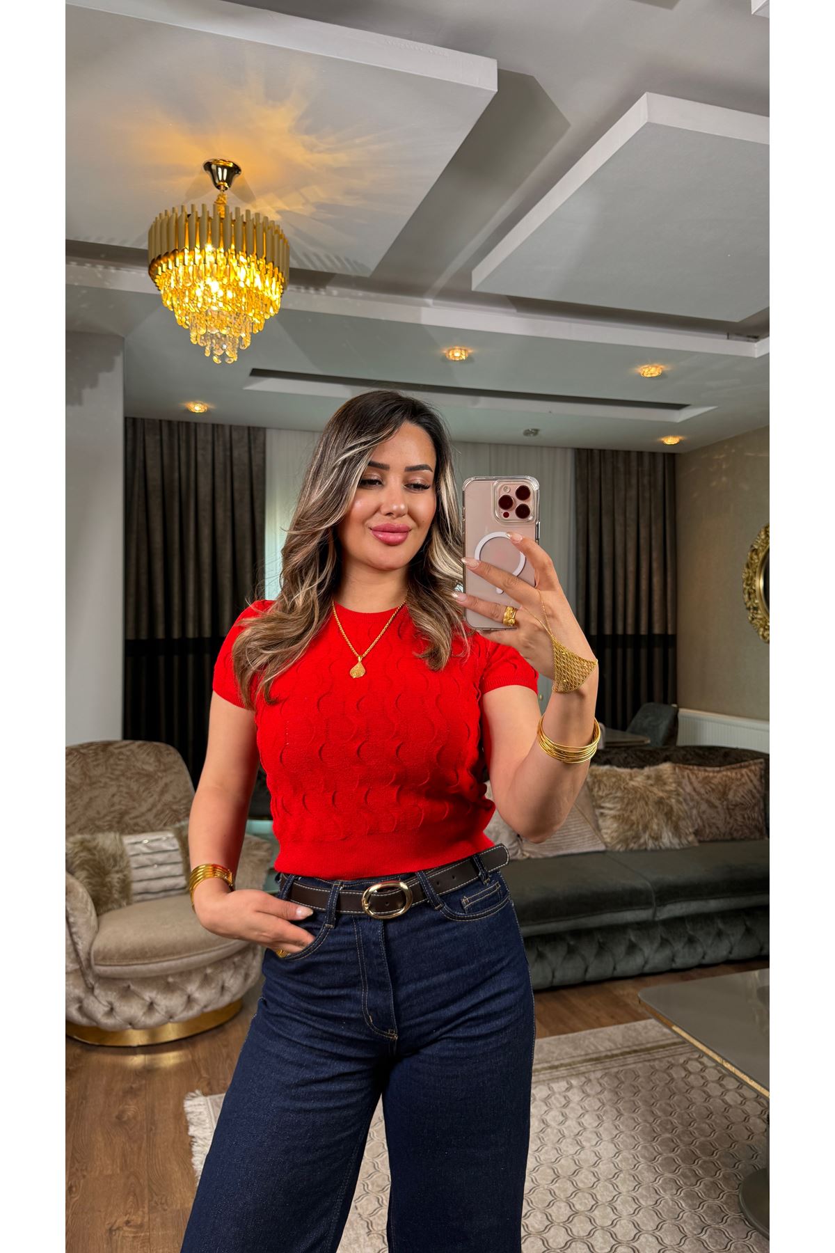 Dilvin bisiklet yaka dokulu triko bluz-kırmızı