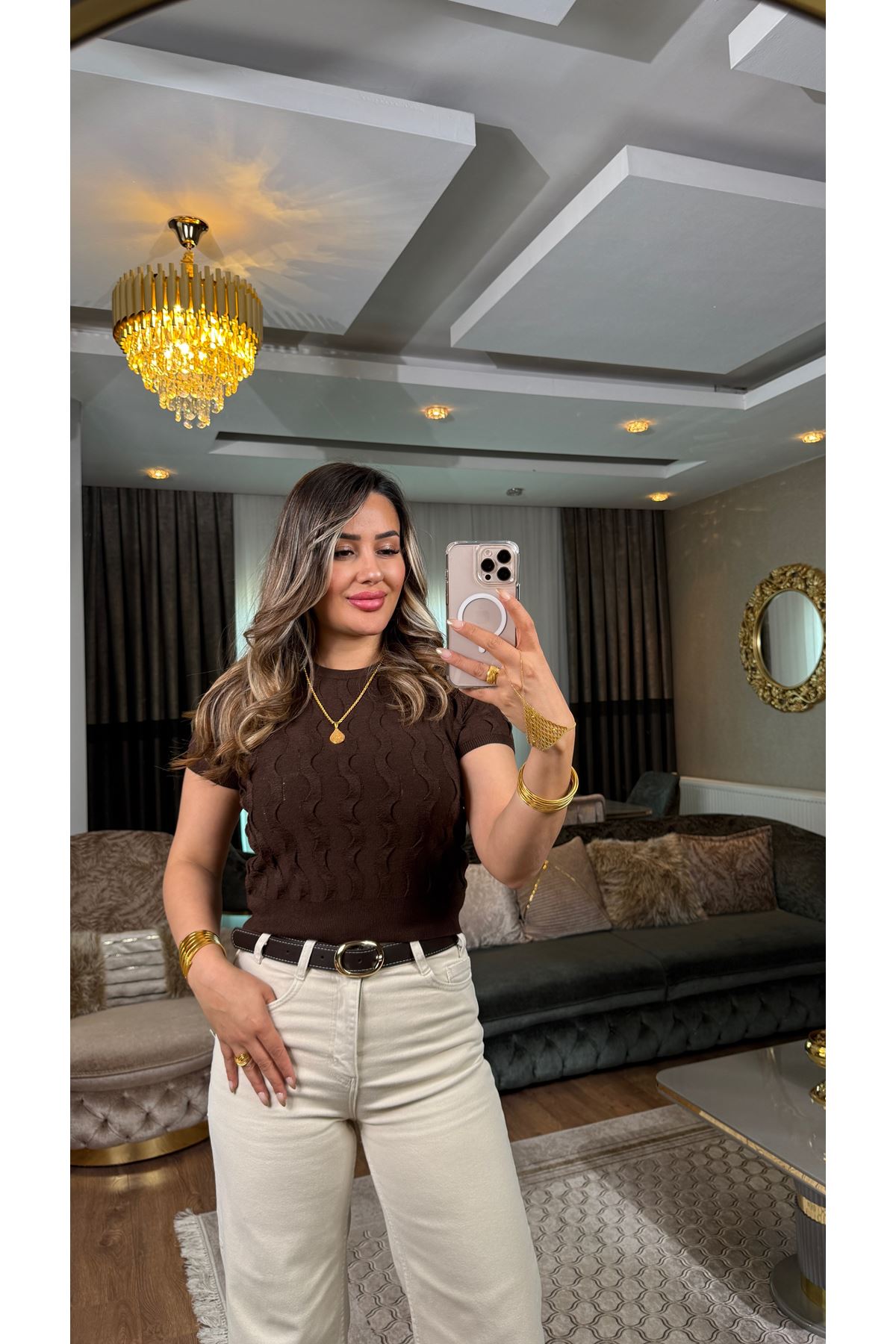 Dilvin bisiklet yaka dokulu triko bluz-acıkahve