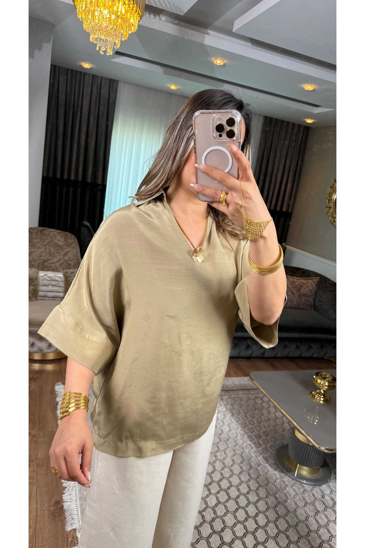 sateen keten karışımlı aksesuar detaylı bluz-oliveyeşil