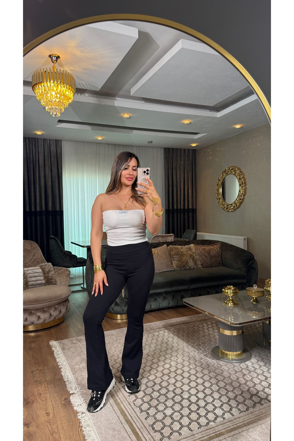 bershka pamuklu ispanyol paça yüksek bel tayt-siyah