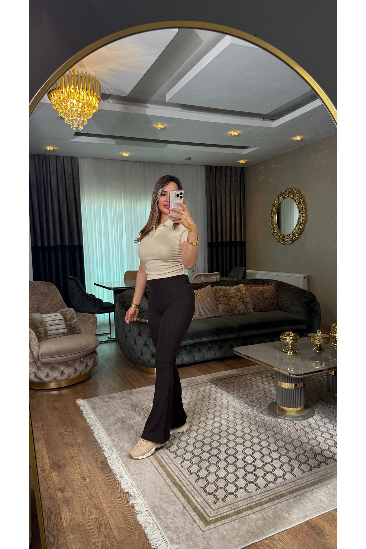 bershka pamuklu ispanyol paça yüksek bel tayt-acıkahve