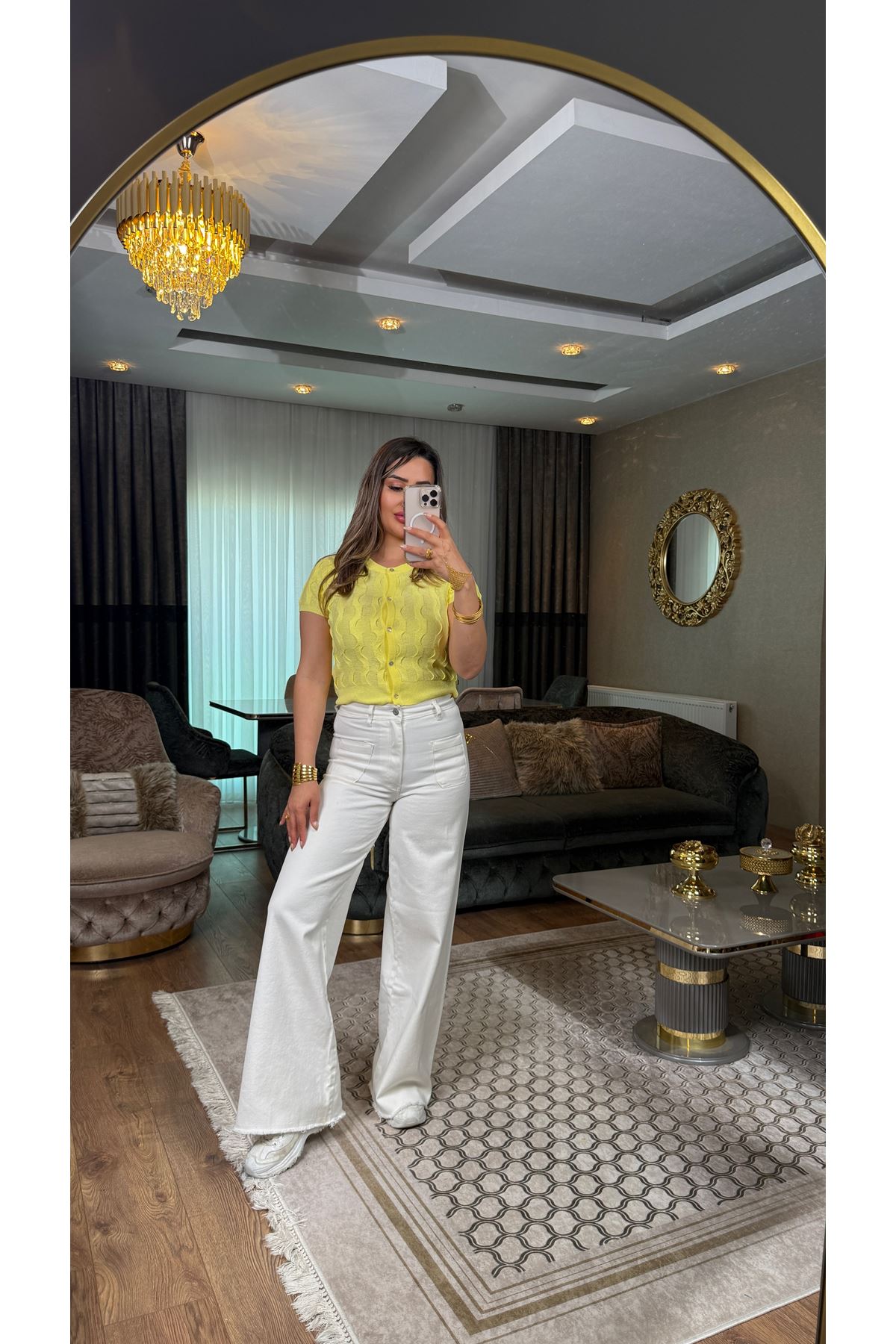 yüksel bel cepli midi jean pantolon-ekru