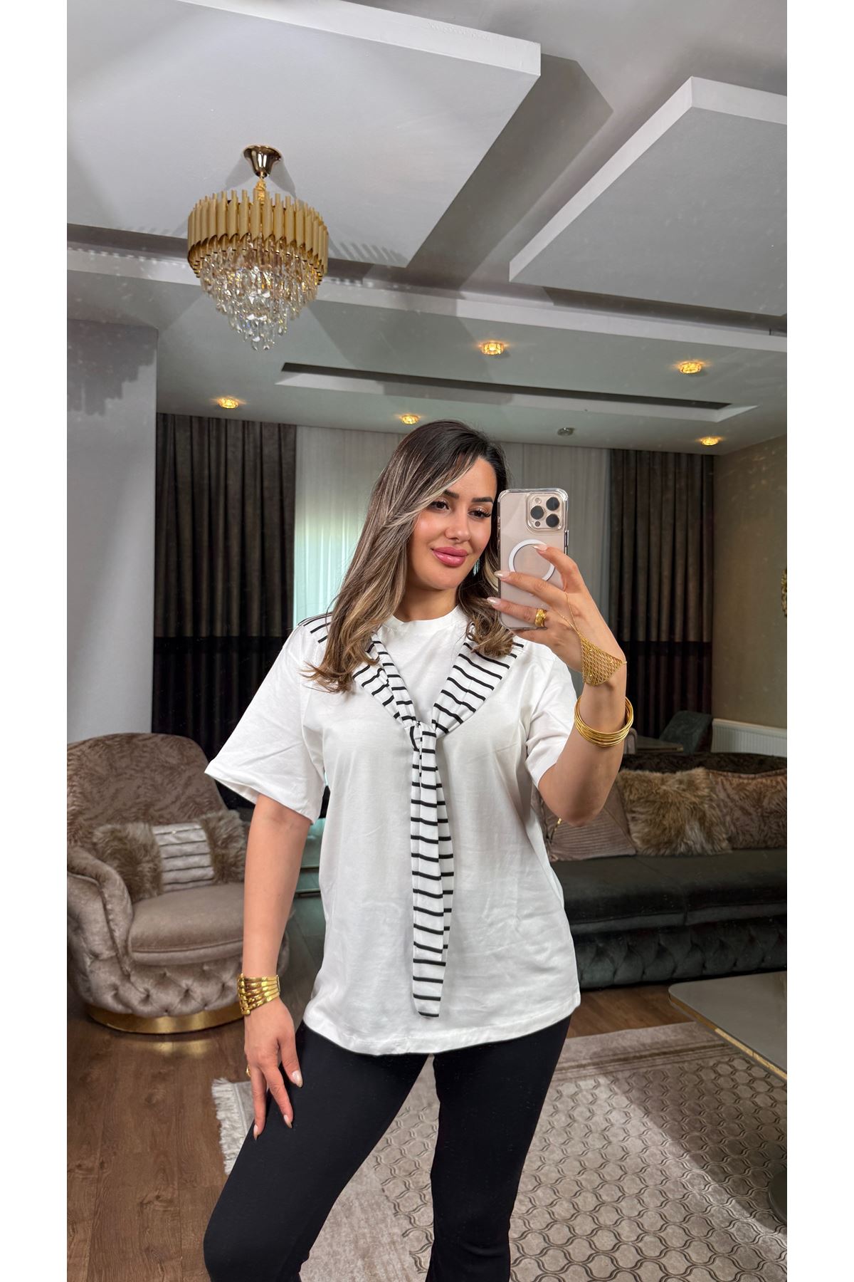 bağlamalı çizgili tişört-gribeyaz