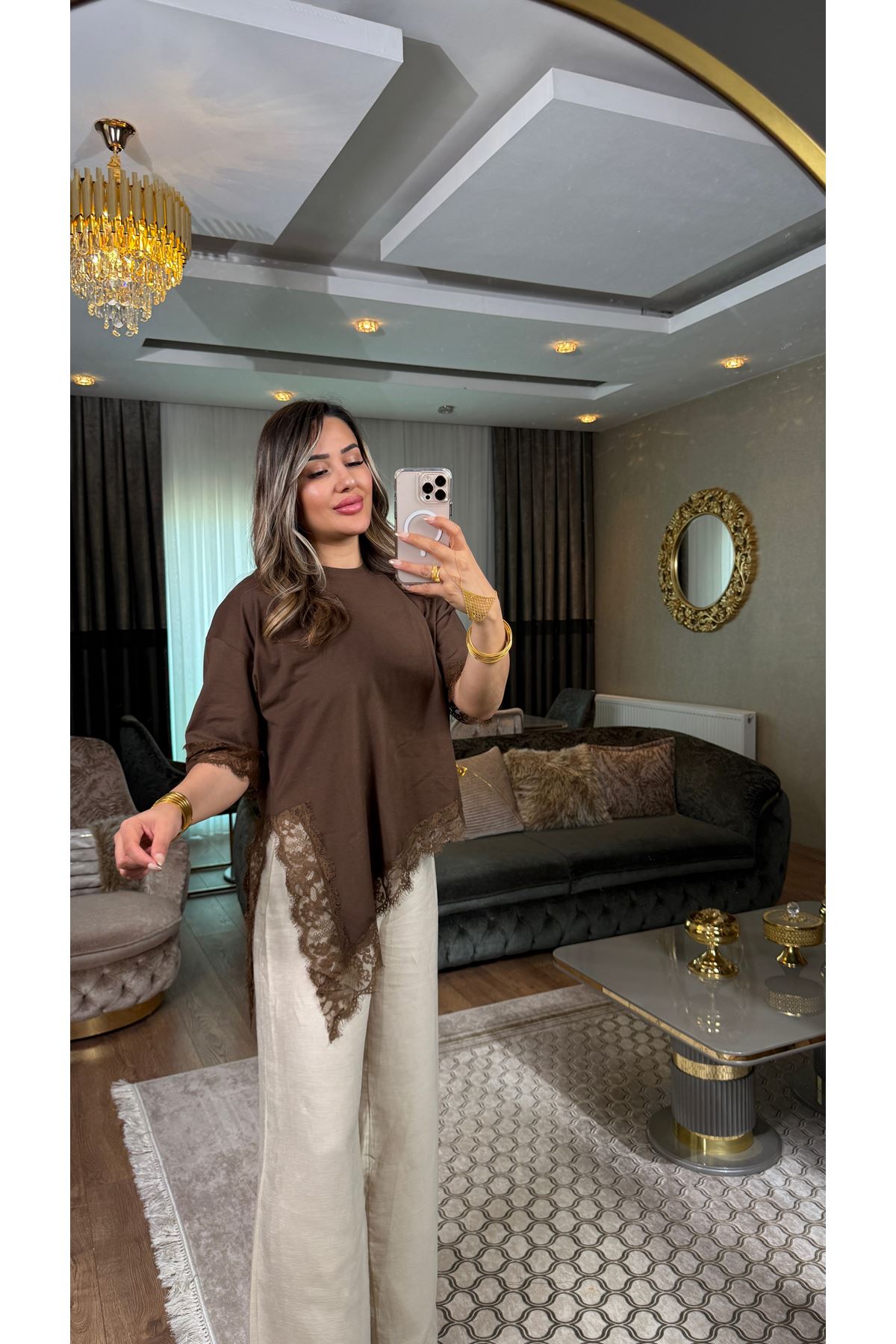 dantel detay bisiklet yaka bluz-acıkahve