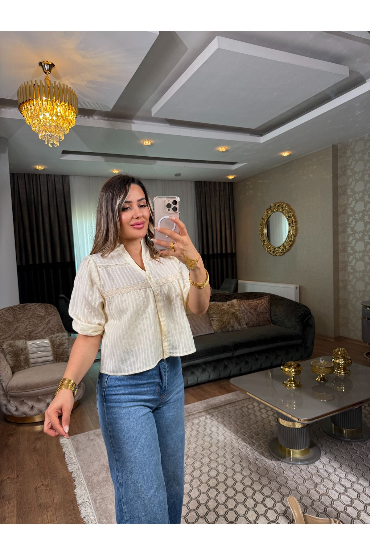 hakim yaka dantel detay gömlek-açıksarı