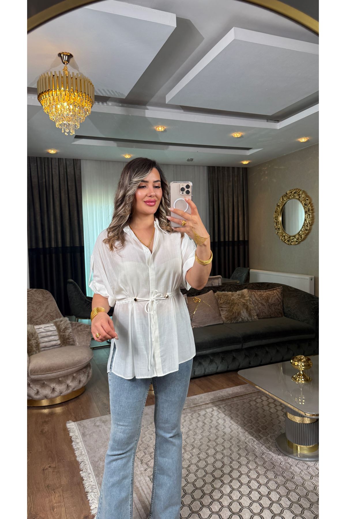 sateen batık desen beli bağcıklı gömlek-ekru