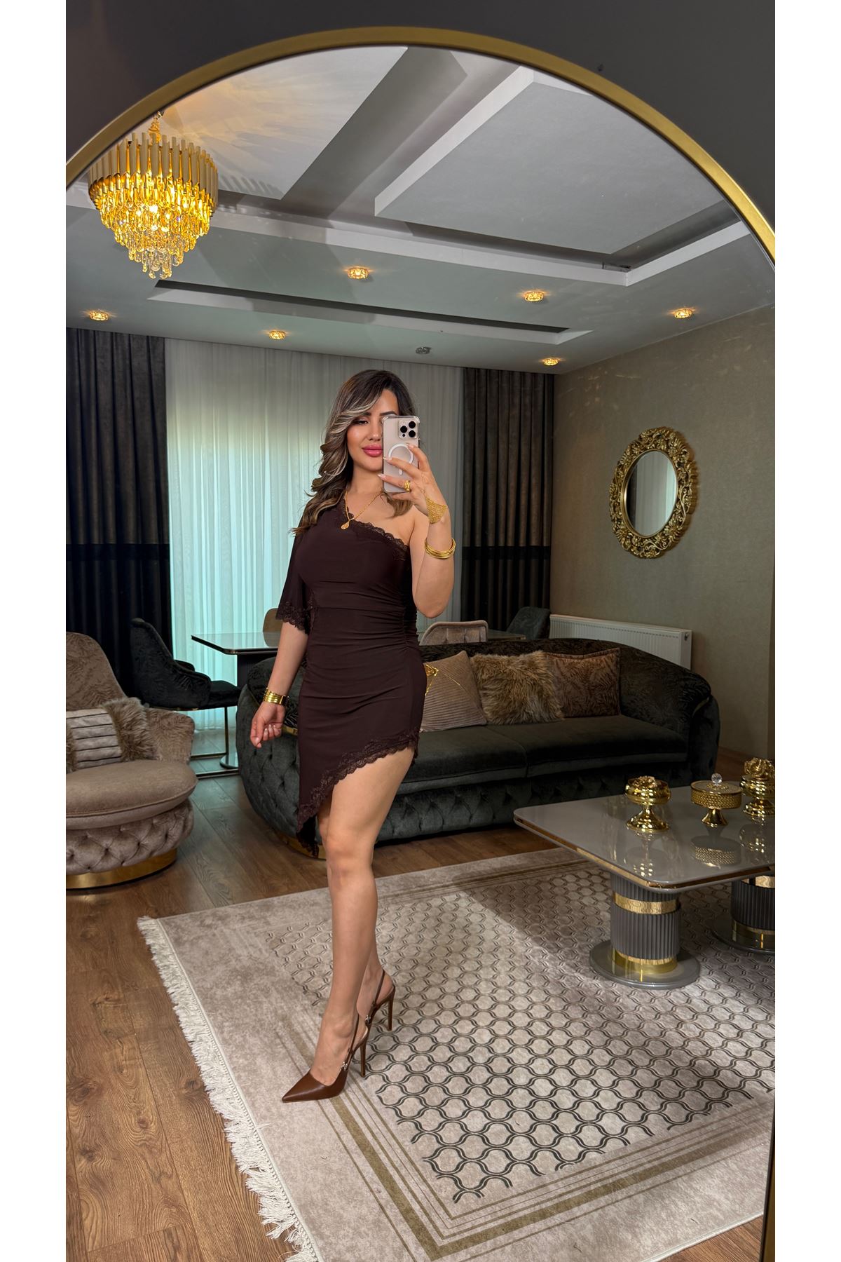 miss cix yanı dantel detay tek omuz elbise-acıkahve