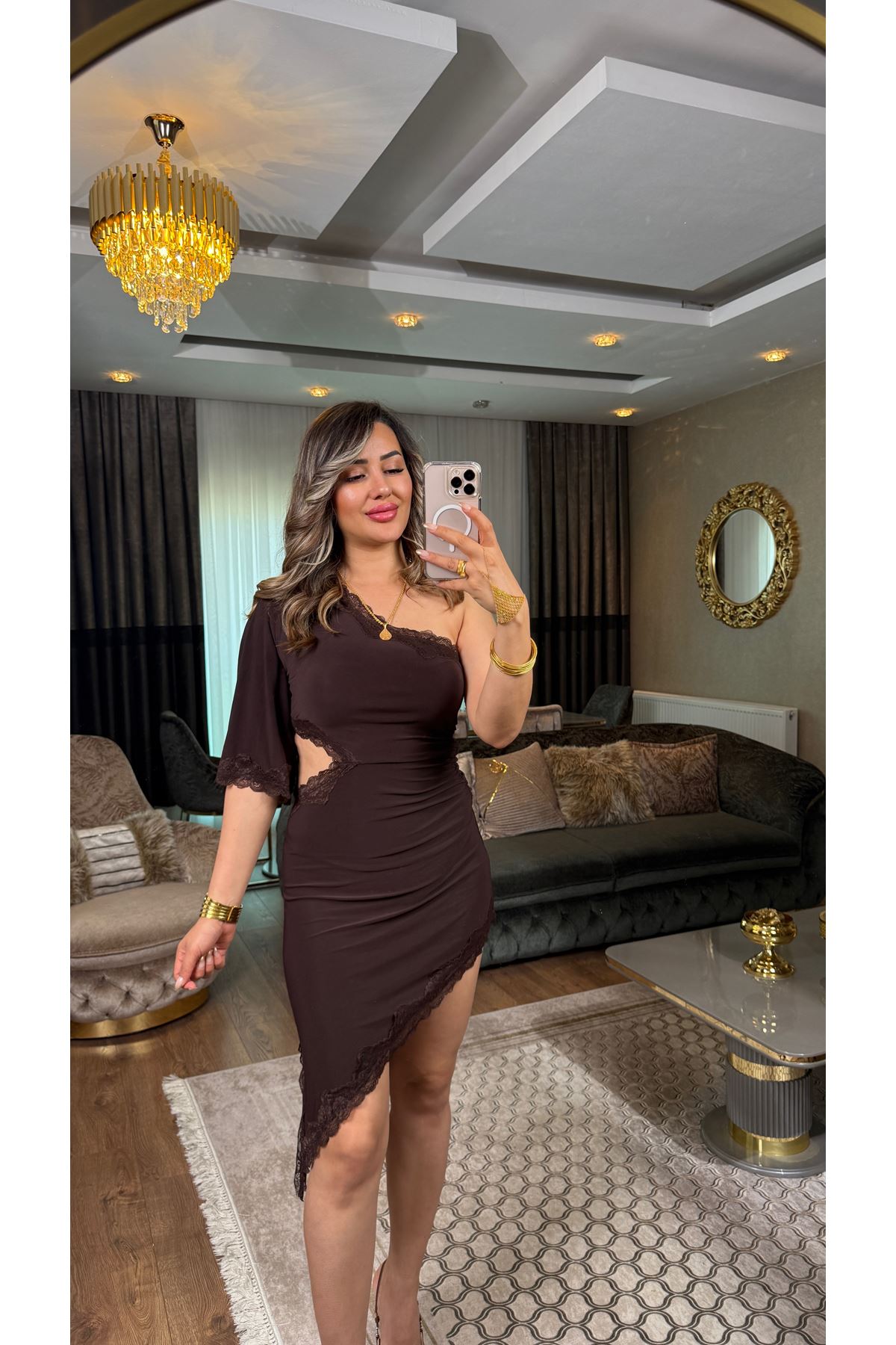 miss cix yanı dantel detay tek omuz elbise-acıkahve