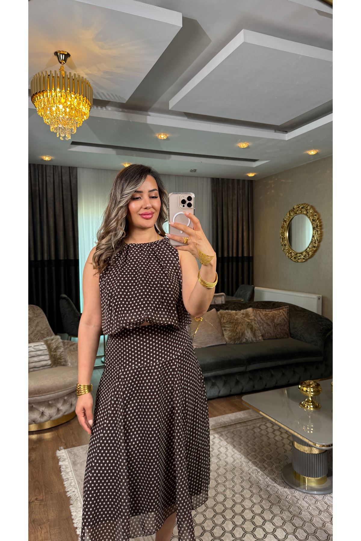 puantiyeli şifon bluz-kahve