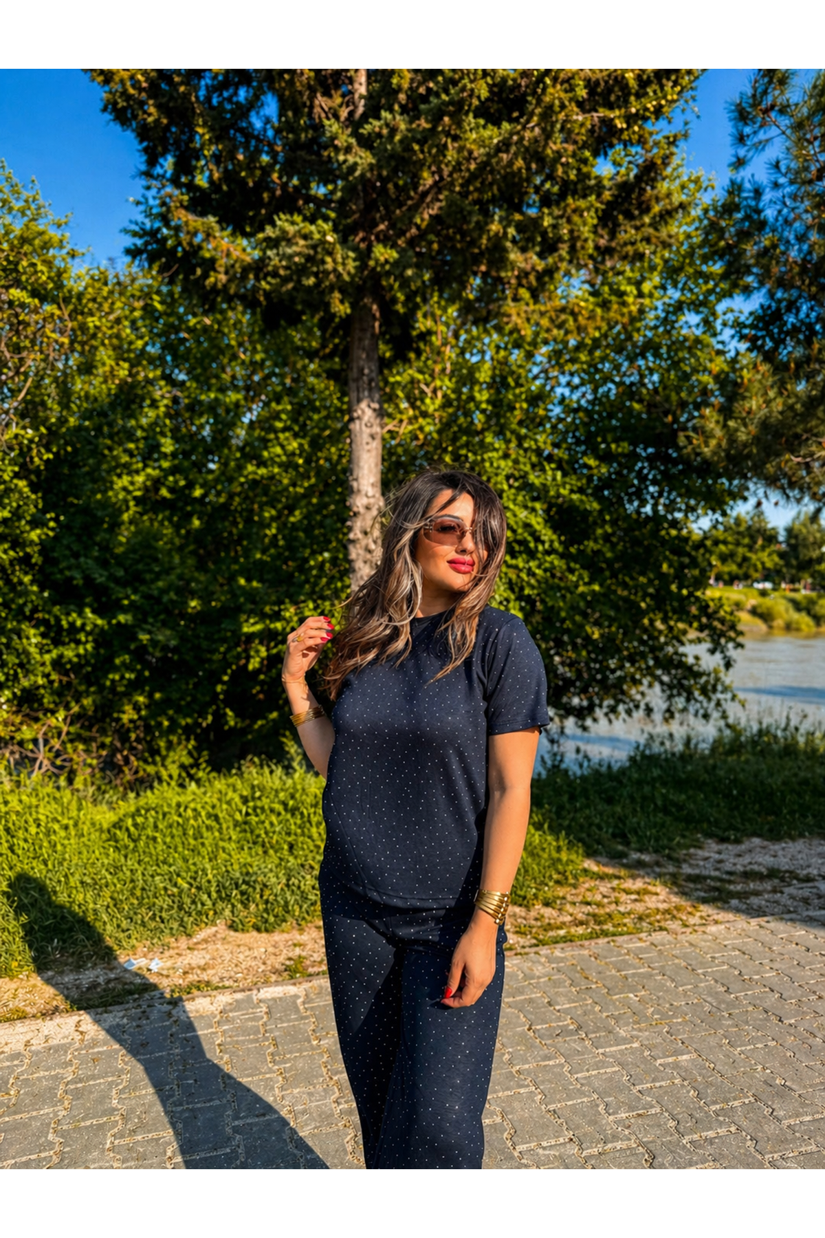 oysho taşlı basic kadın ikili takım-koyu lacivert