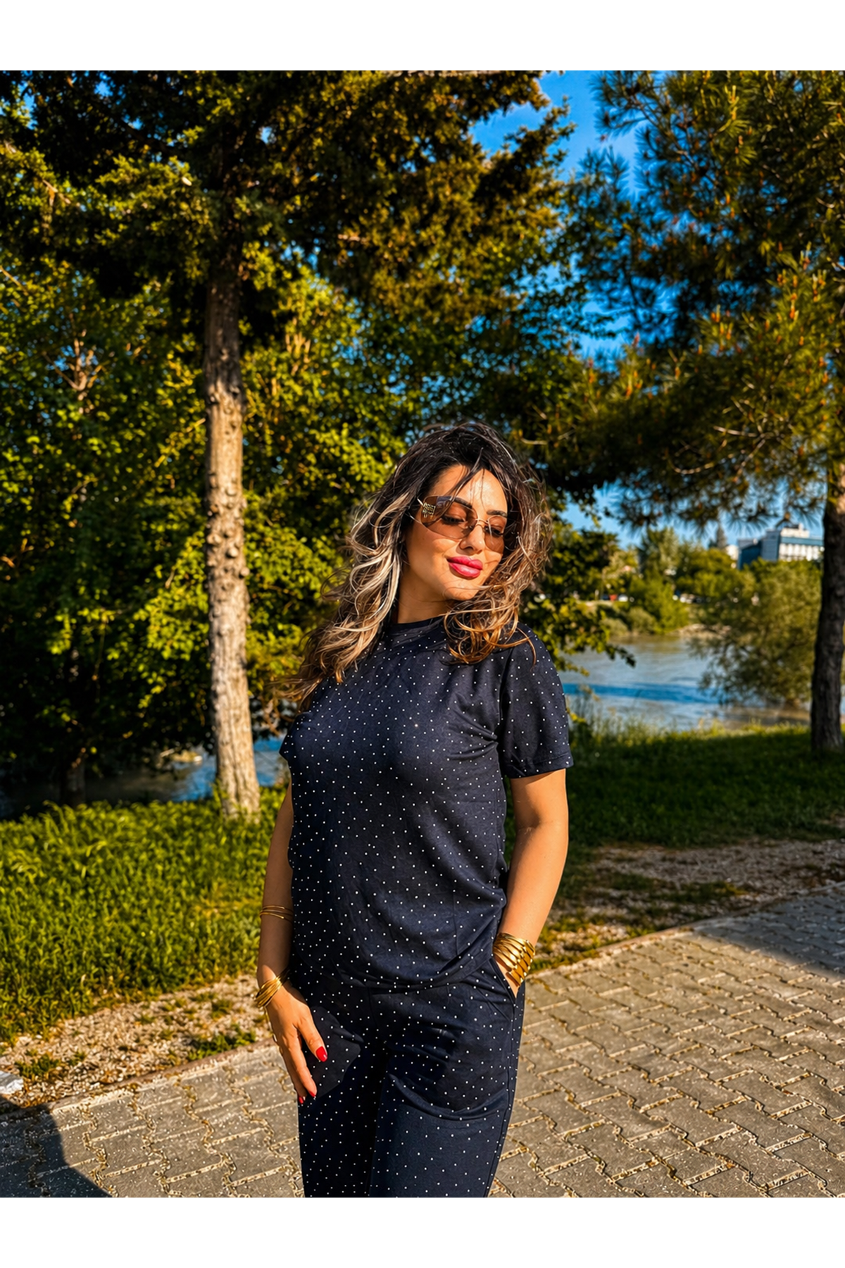 oysho taşlı basic kadın ikili takım-koyu lacivert