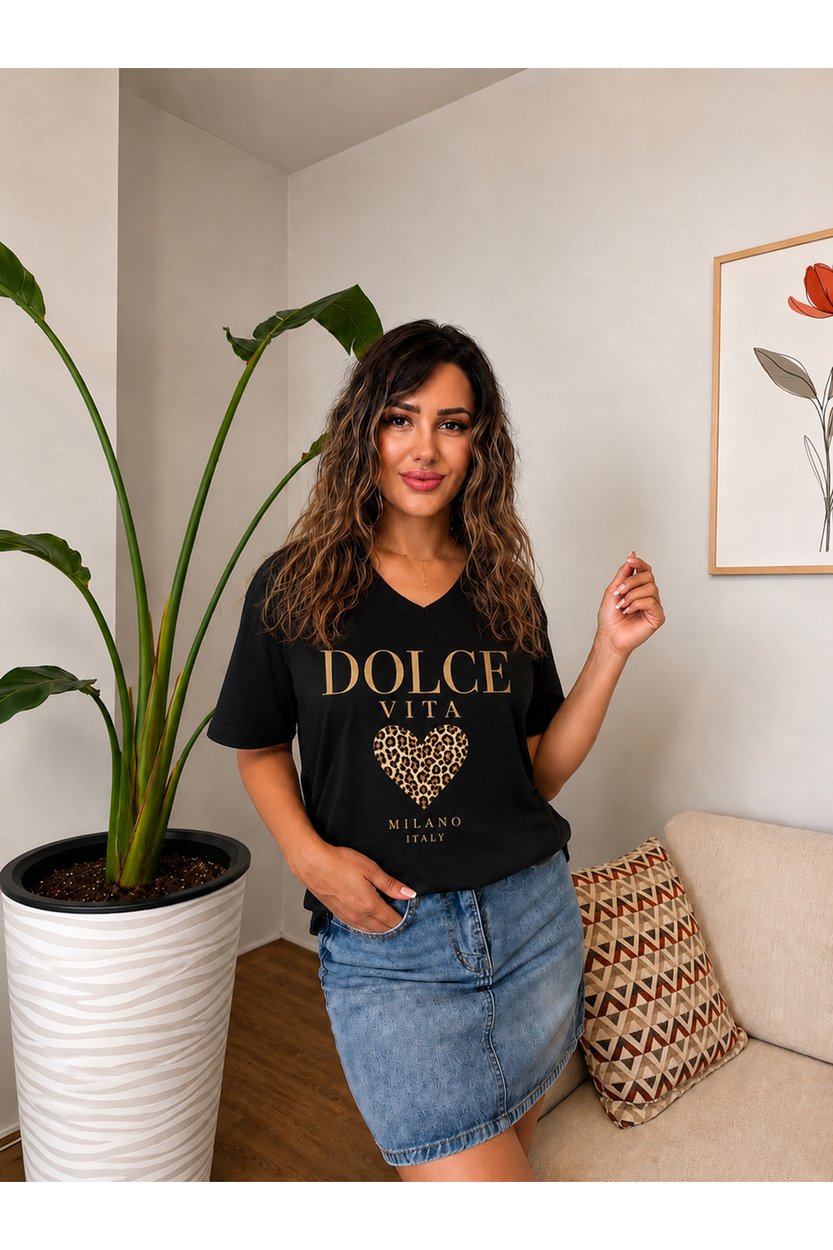 dolce vita leopar kalp baskılı kadın tişört-siyah