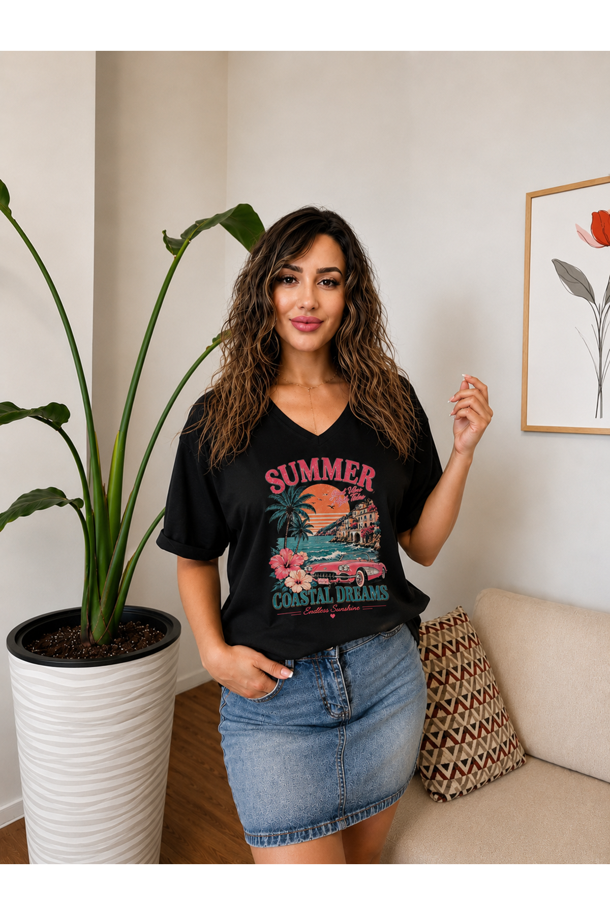 summer coastal dreams baskılı kadın tişört-siyah