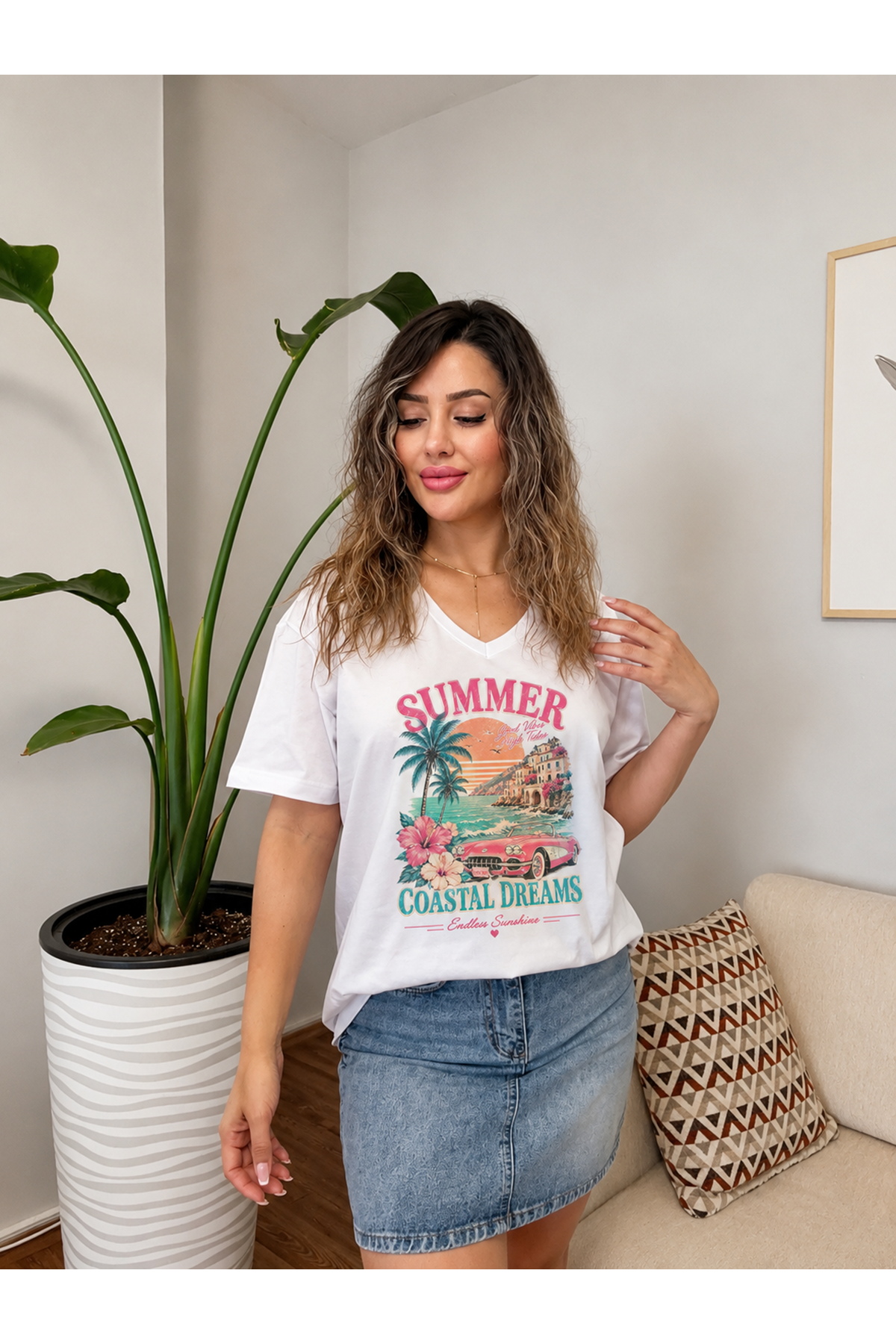 summer coastal dreams baskılı kadın tişört-beyaz