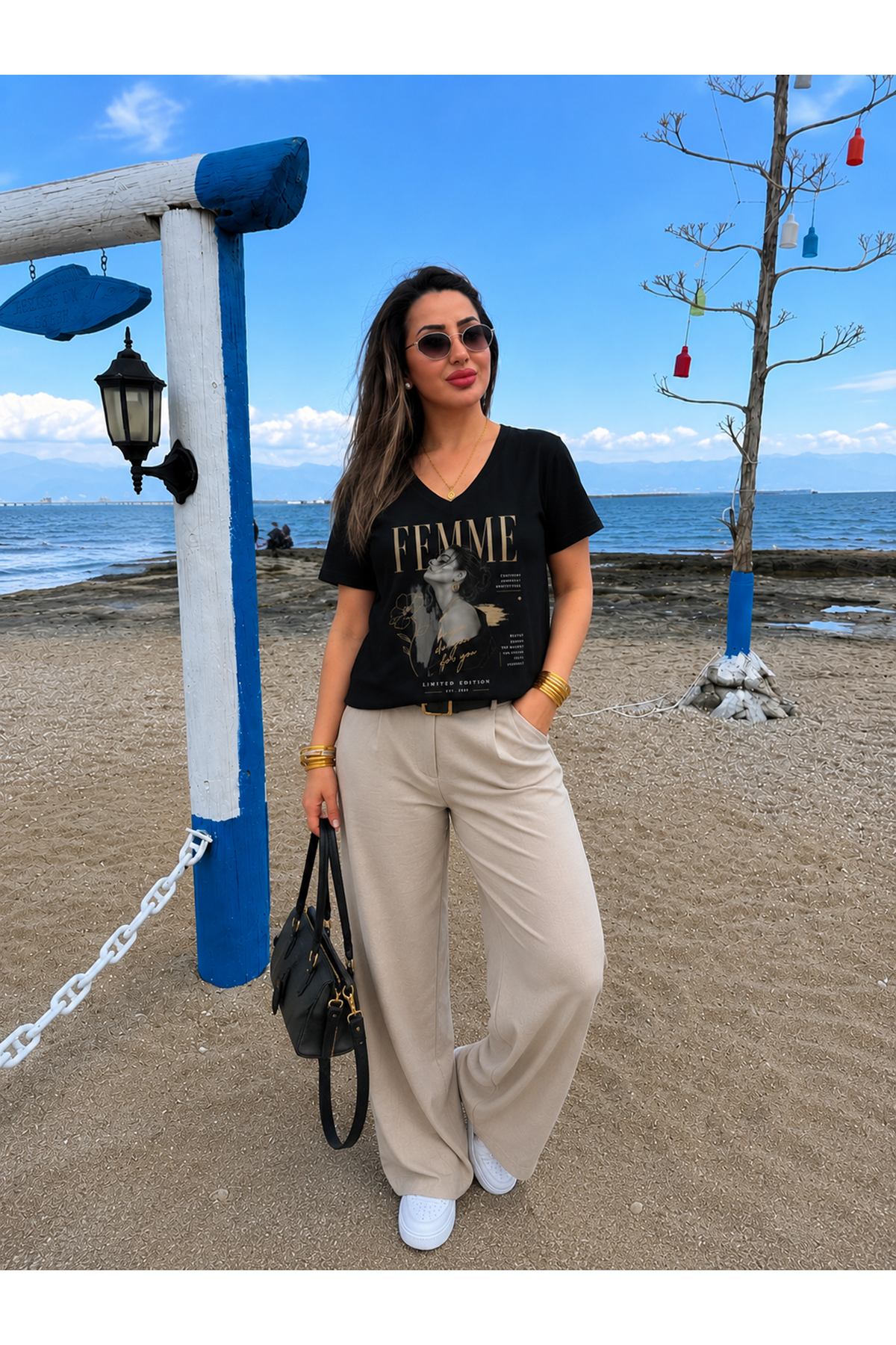 femme kız baskılı kadın tişört-siyah