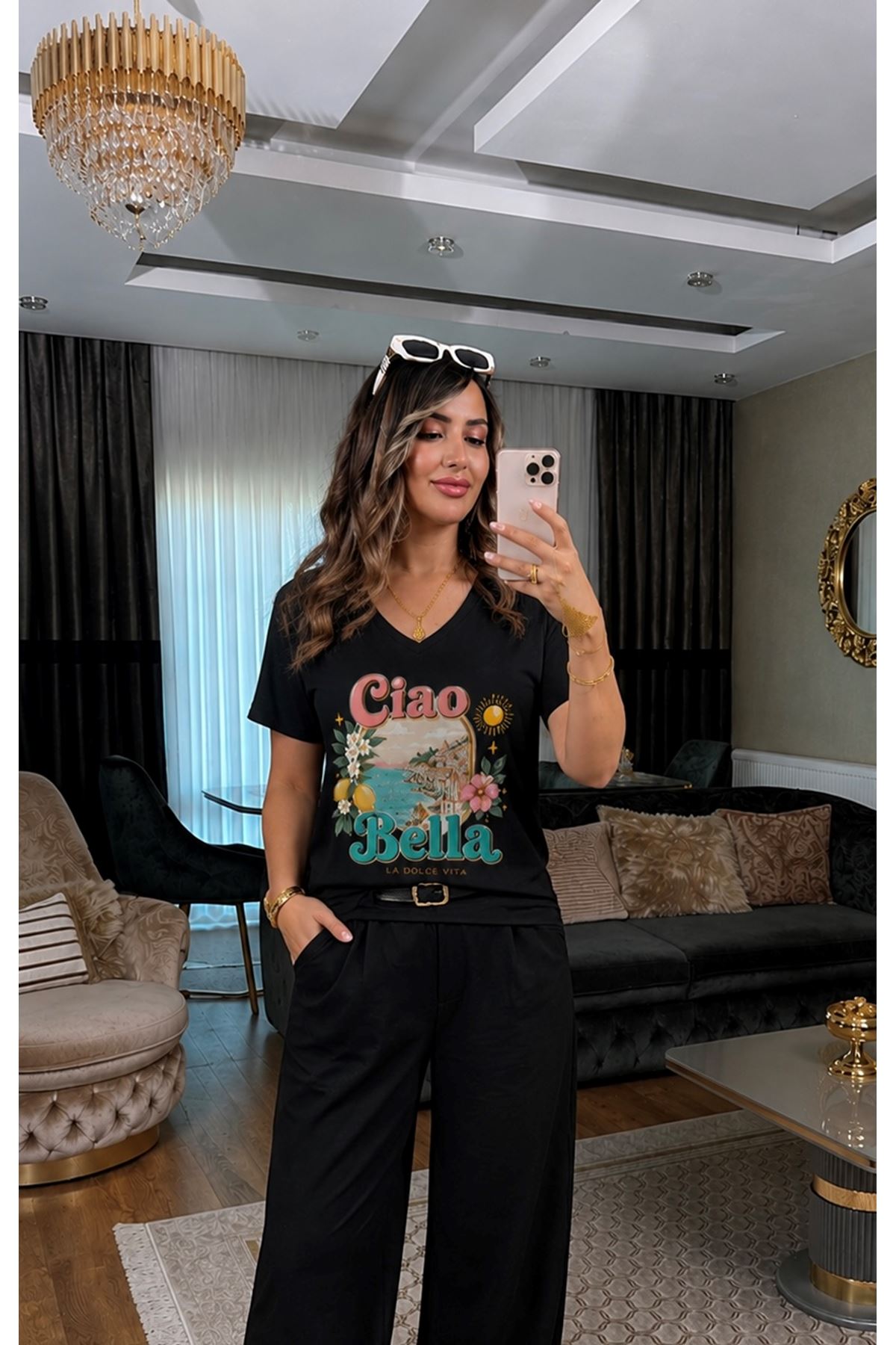 ciao bella baskılı kadın tişört-siyah