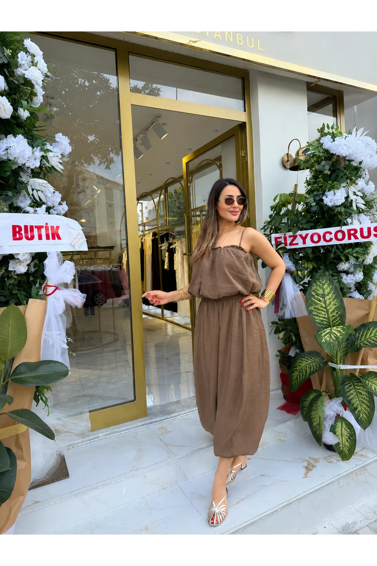 askılı balon bluz şalvar pantolon ikili takım-acıkahve