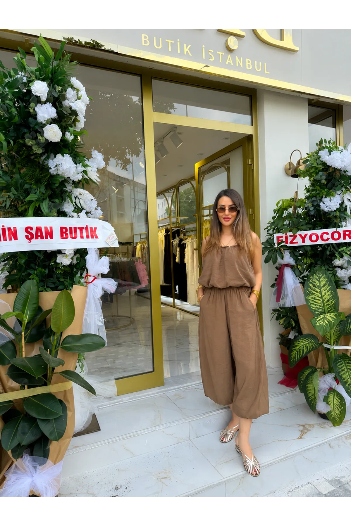 askılı balon bluz şalvar pantolon ikili takım-acıkahve