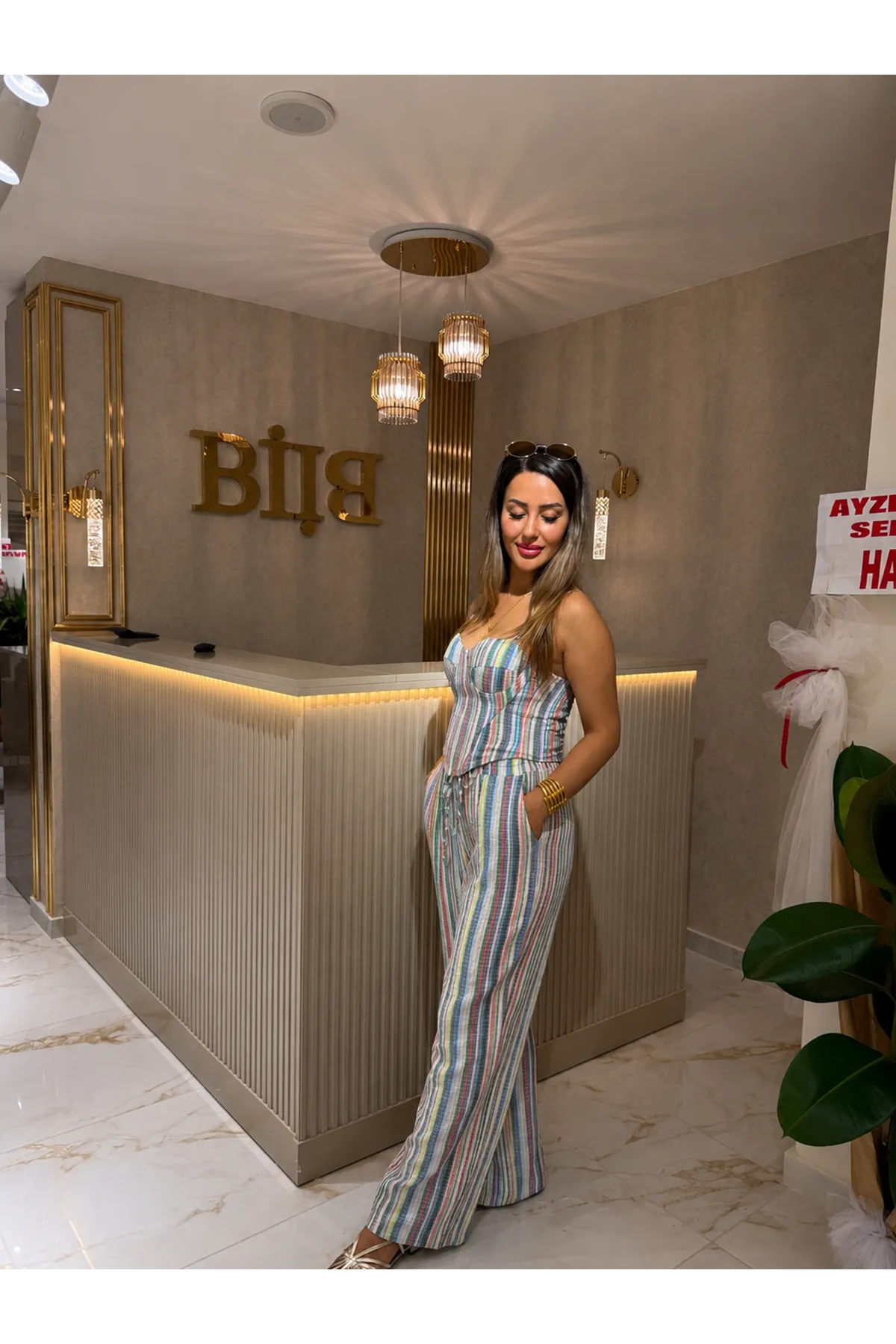 büstiyerli pantolon takım -renkli