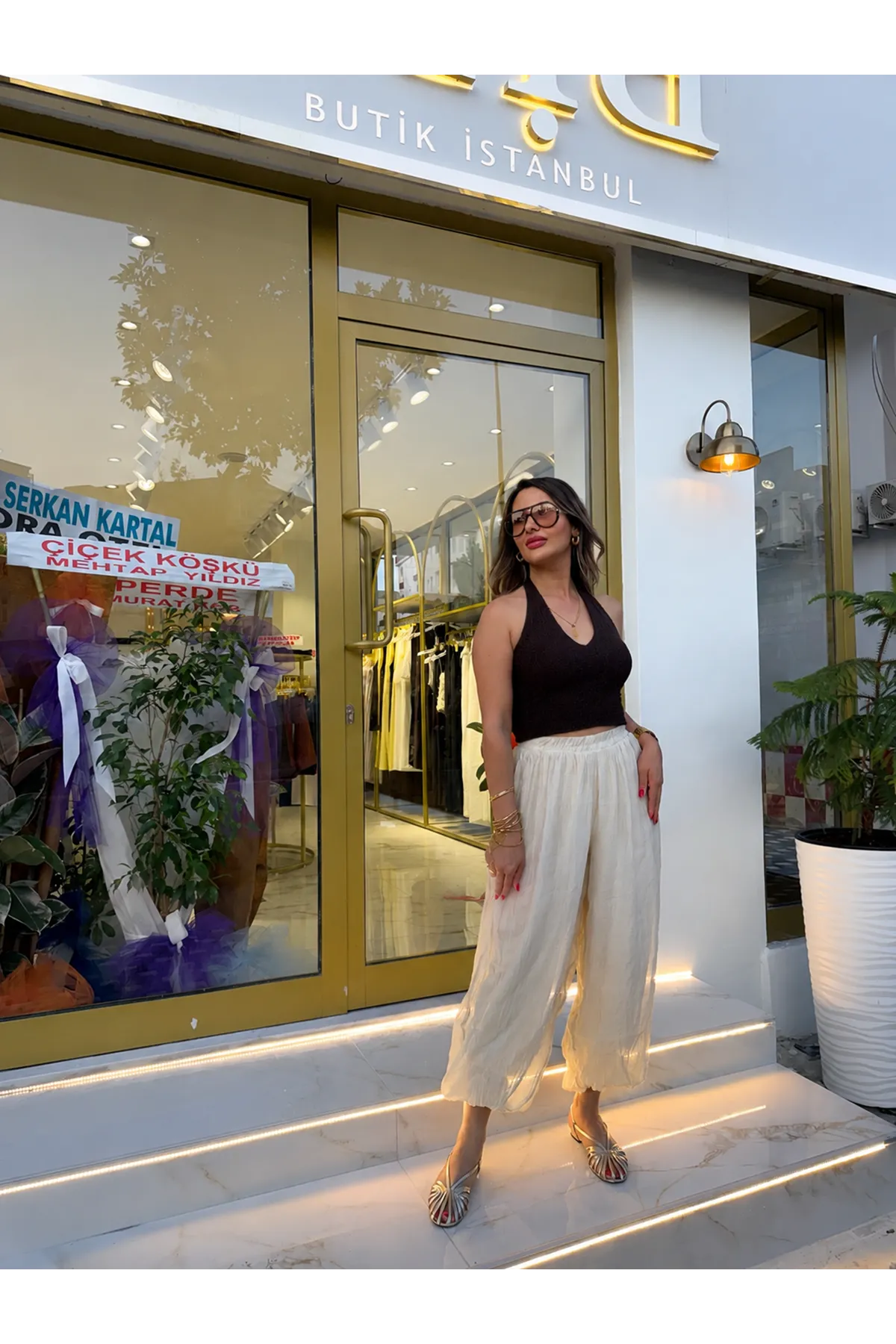 paçası lastikli içi astarlı tül pantolon-taş