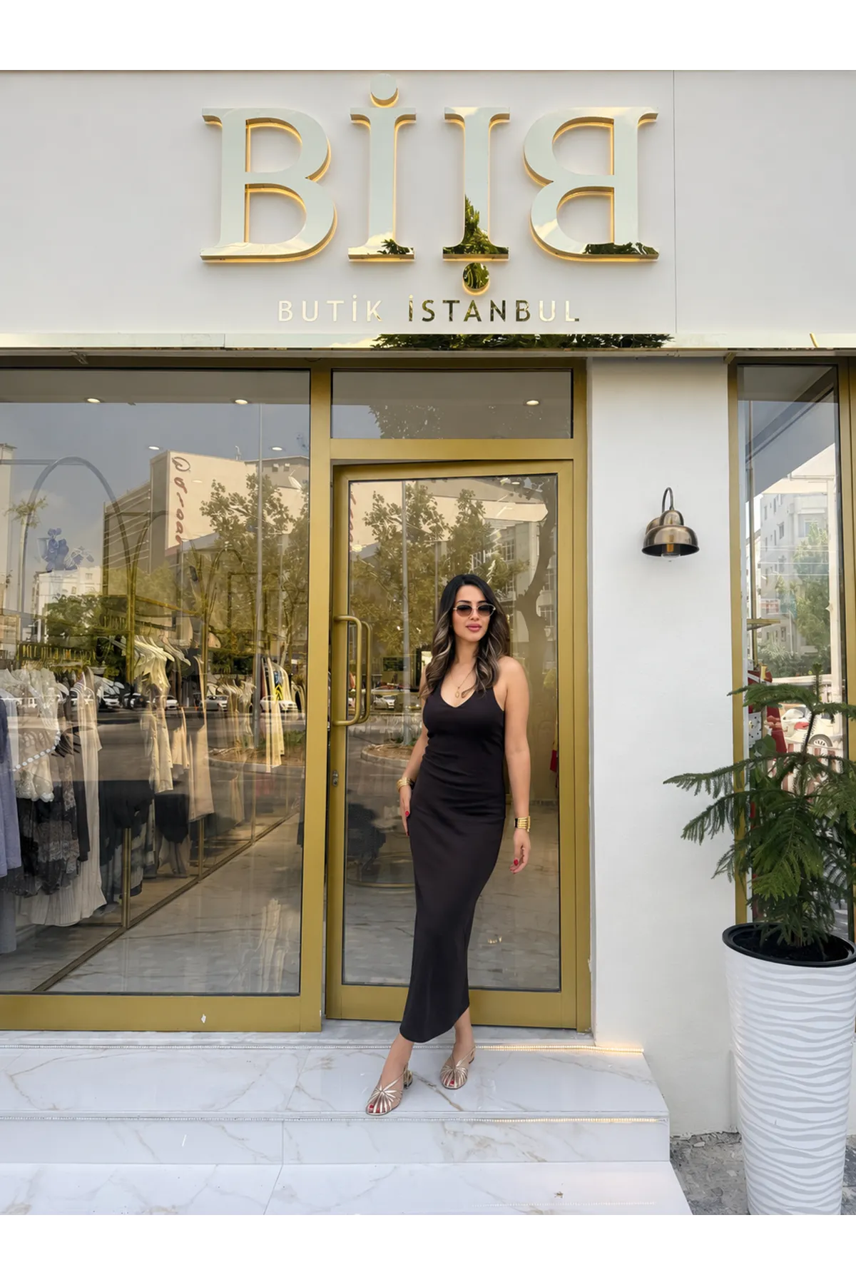 Dilvin halter yaka midi elbise- koyu kahve