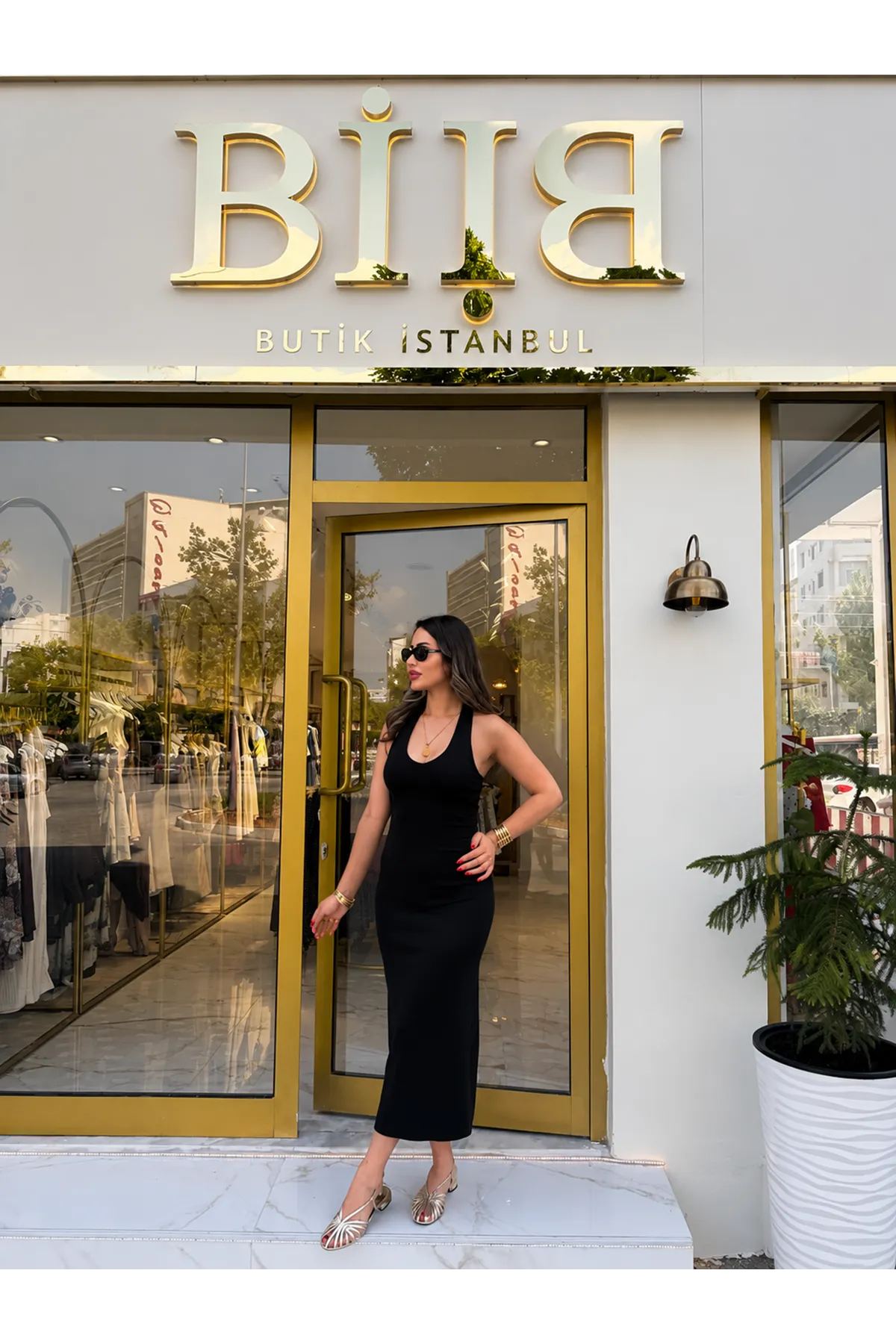Dilvin halter yaka midi elbise- siyah 