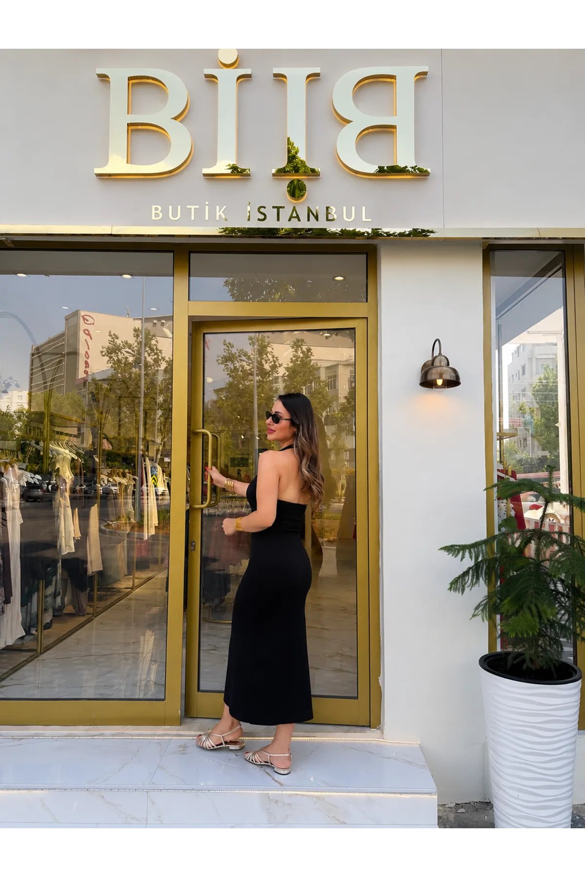 Dilvin halter yaka midi elbise- siyah 