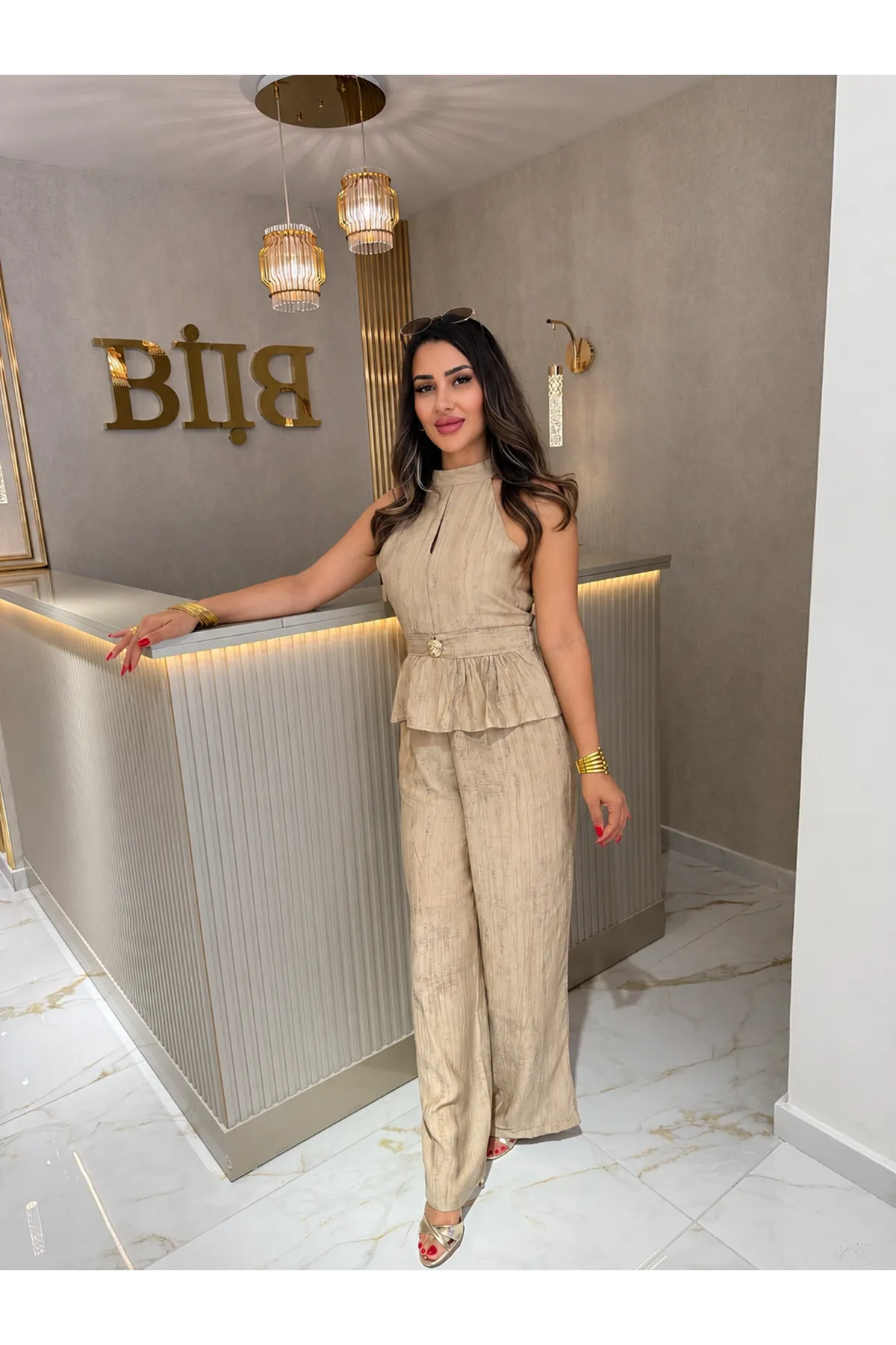 halter yaka gold düğmeli ikili takım-vizon
