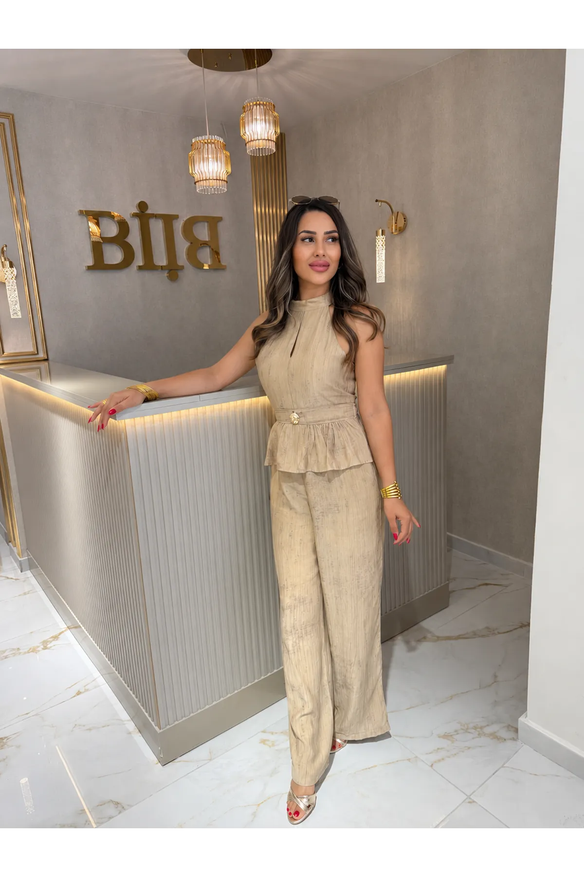 halter yaka gold düğmeli ikili takım-vizon