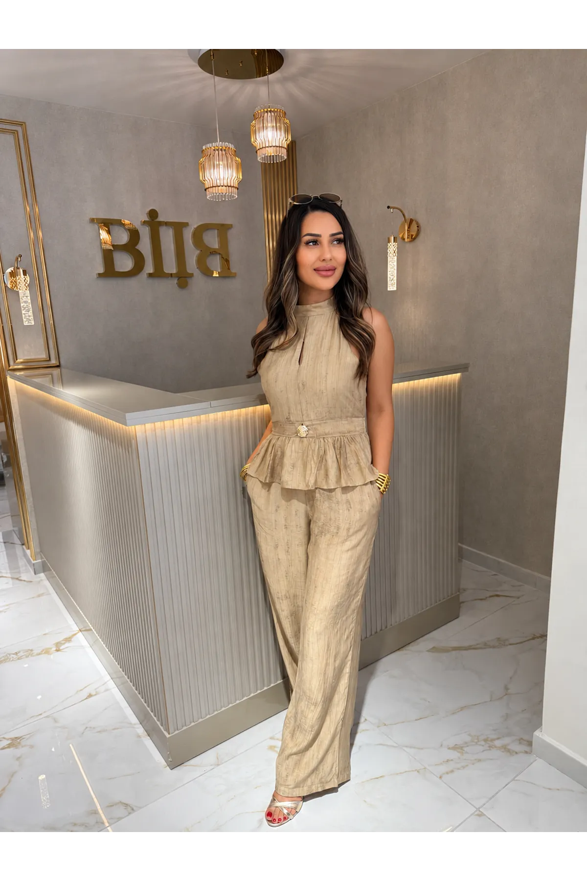 halter yaka gold düğmeli ikili takım-vizon
