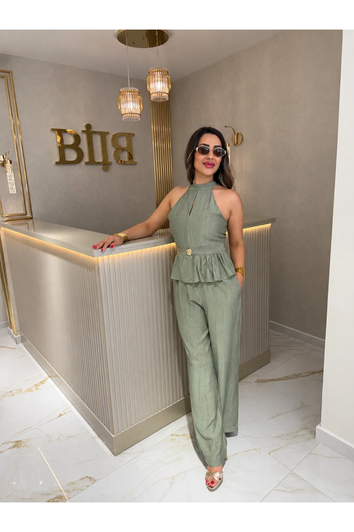 halter yaka gold düğmeli ikili takım-haki