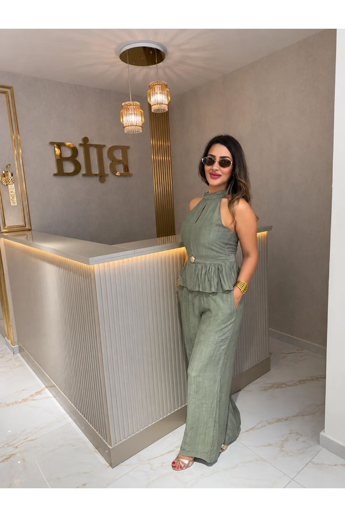 halter yaka gold düğmeli ikili takım-haki