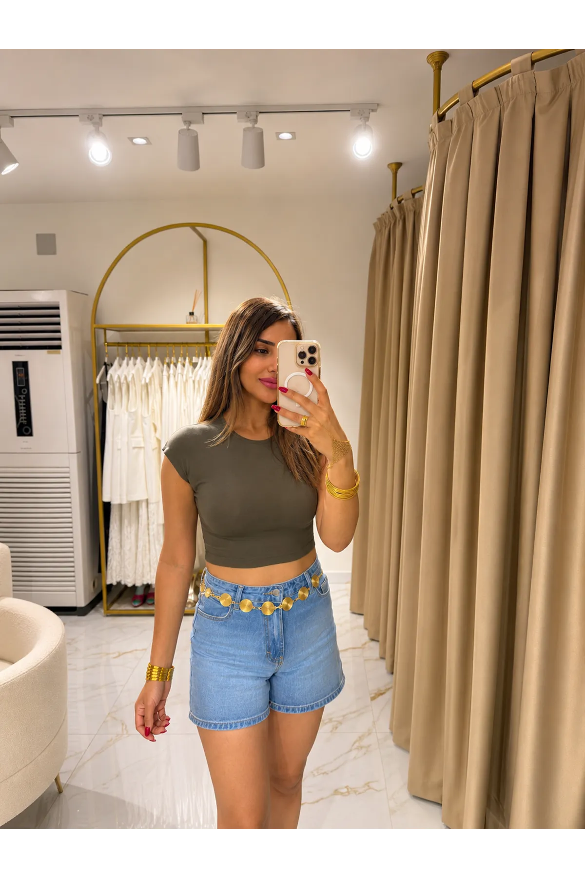 pamuk ve modal karışımlı crop top-haki
