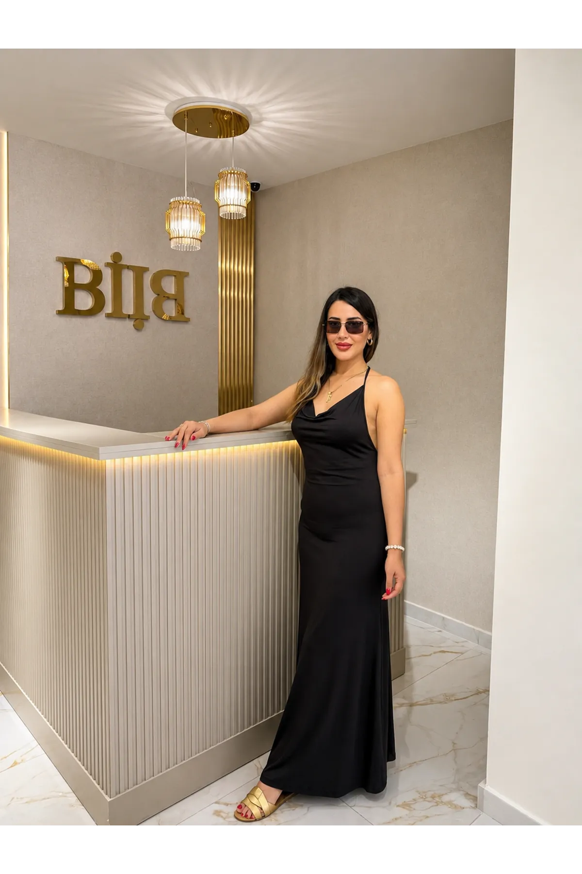 dilvin boncuk detaylı askılı elbise-acıkahve