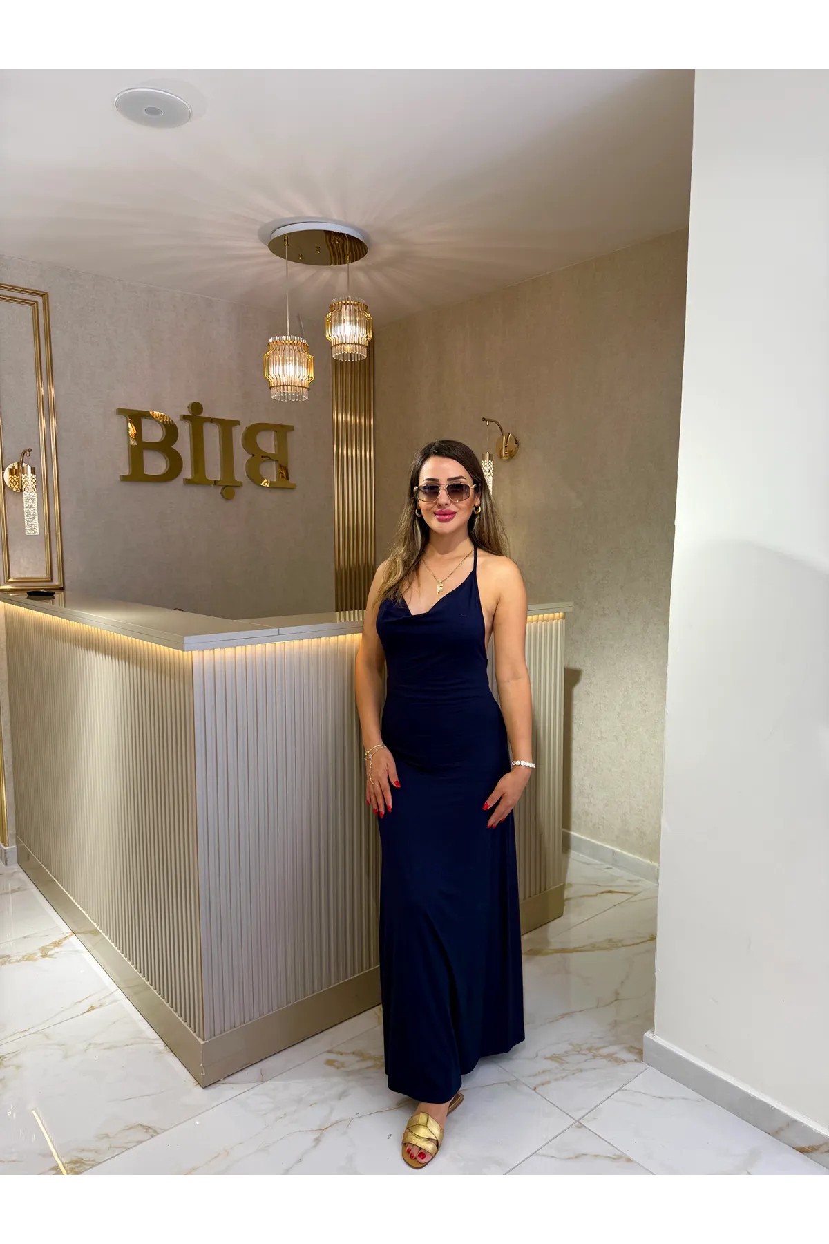 dilvin boncuk detaylı askılı elbise-lacivert
