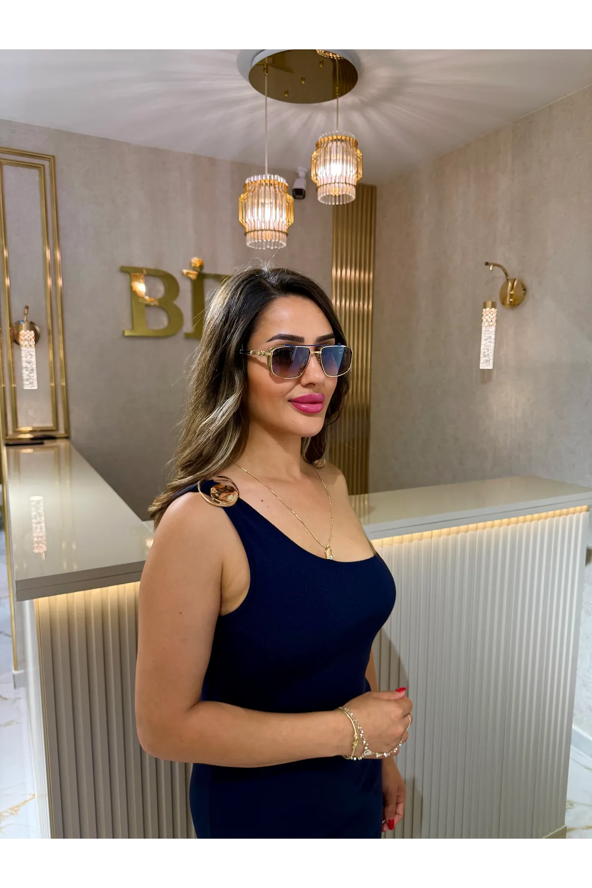 dilvin aksesuar detaylı midi triko elbise-lacivert