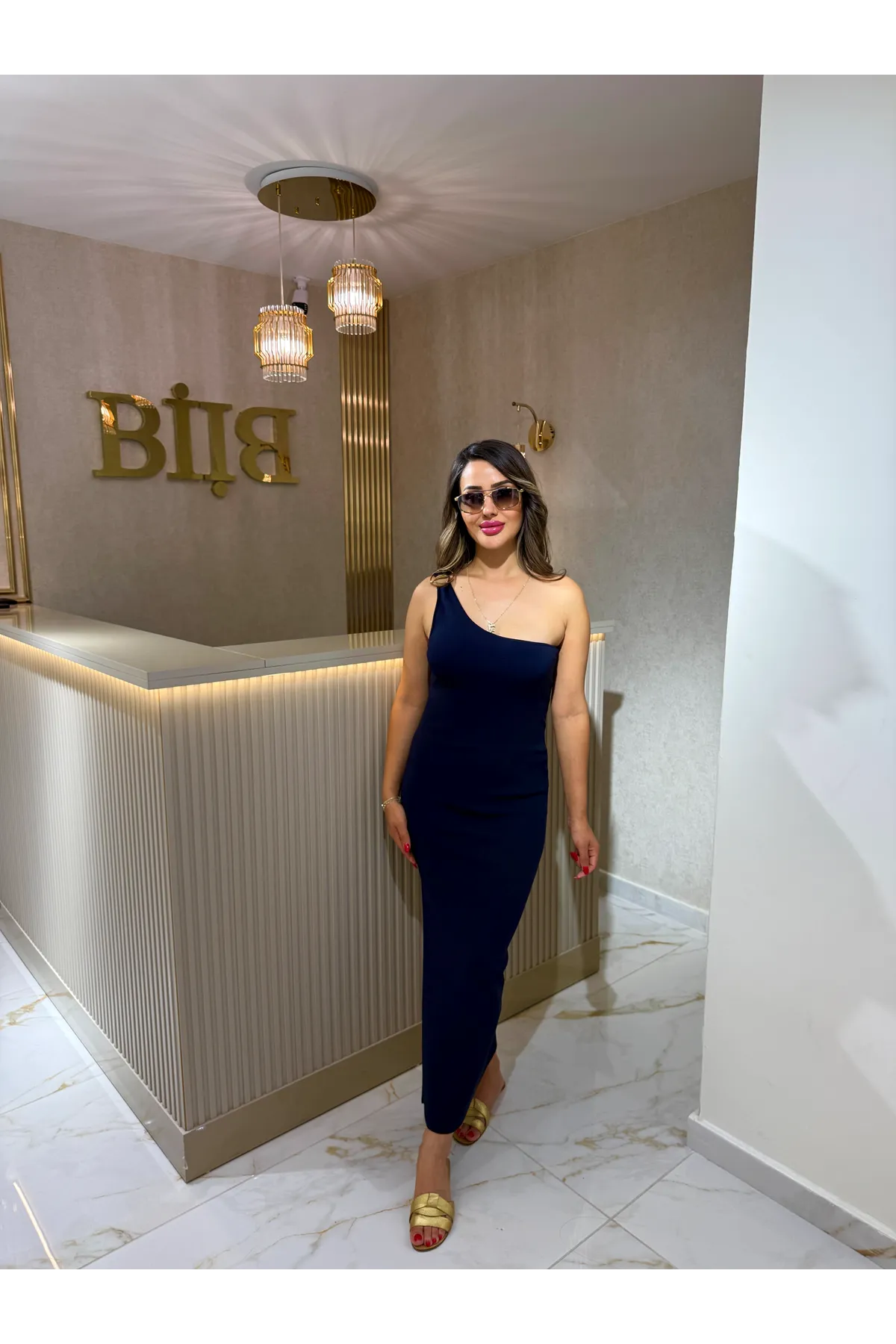 dilvin aksesuar detaylı midi triko elbise-lacivert