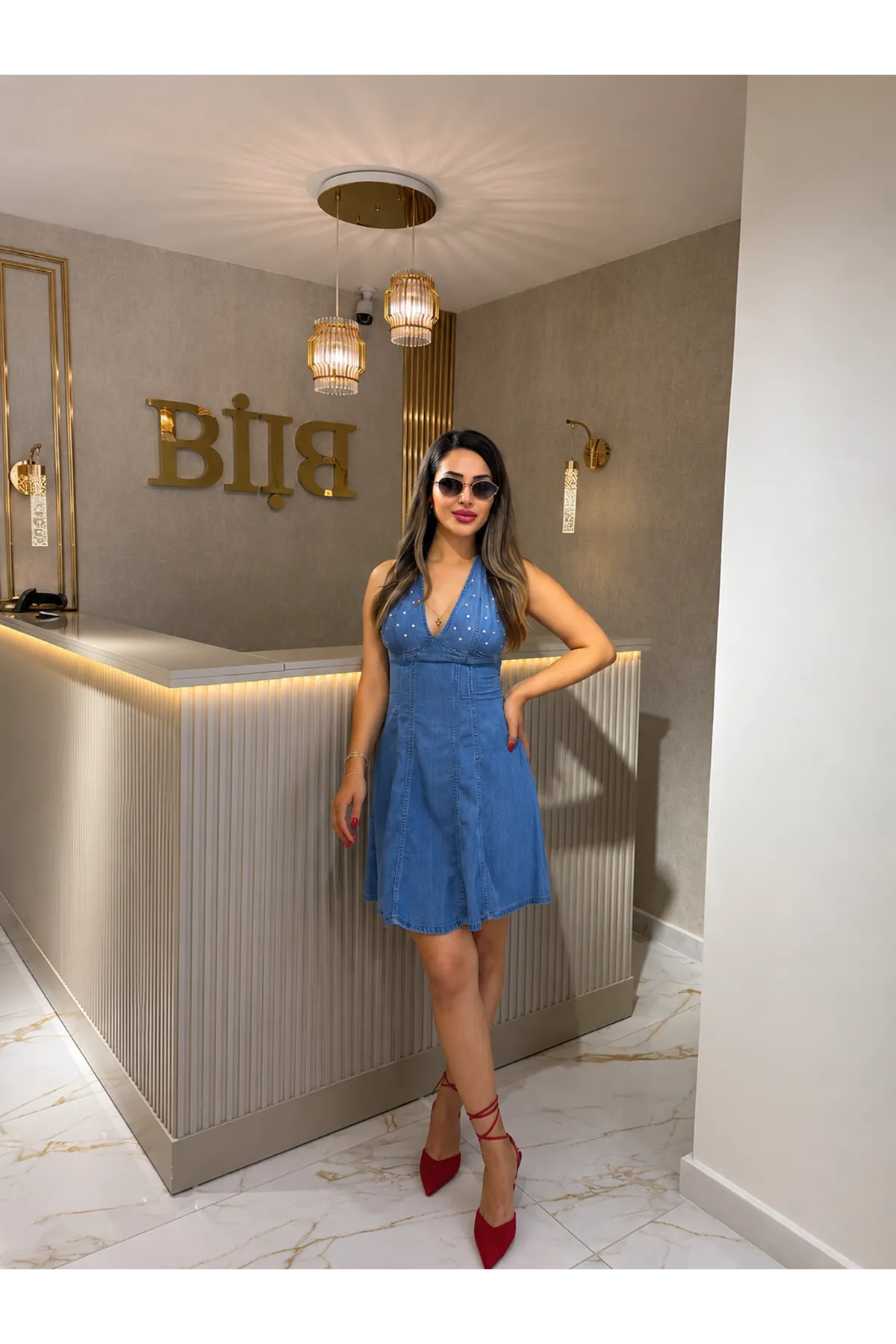 dilvin troklu tencel elbise-mavi