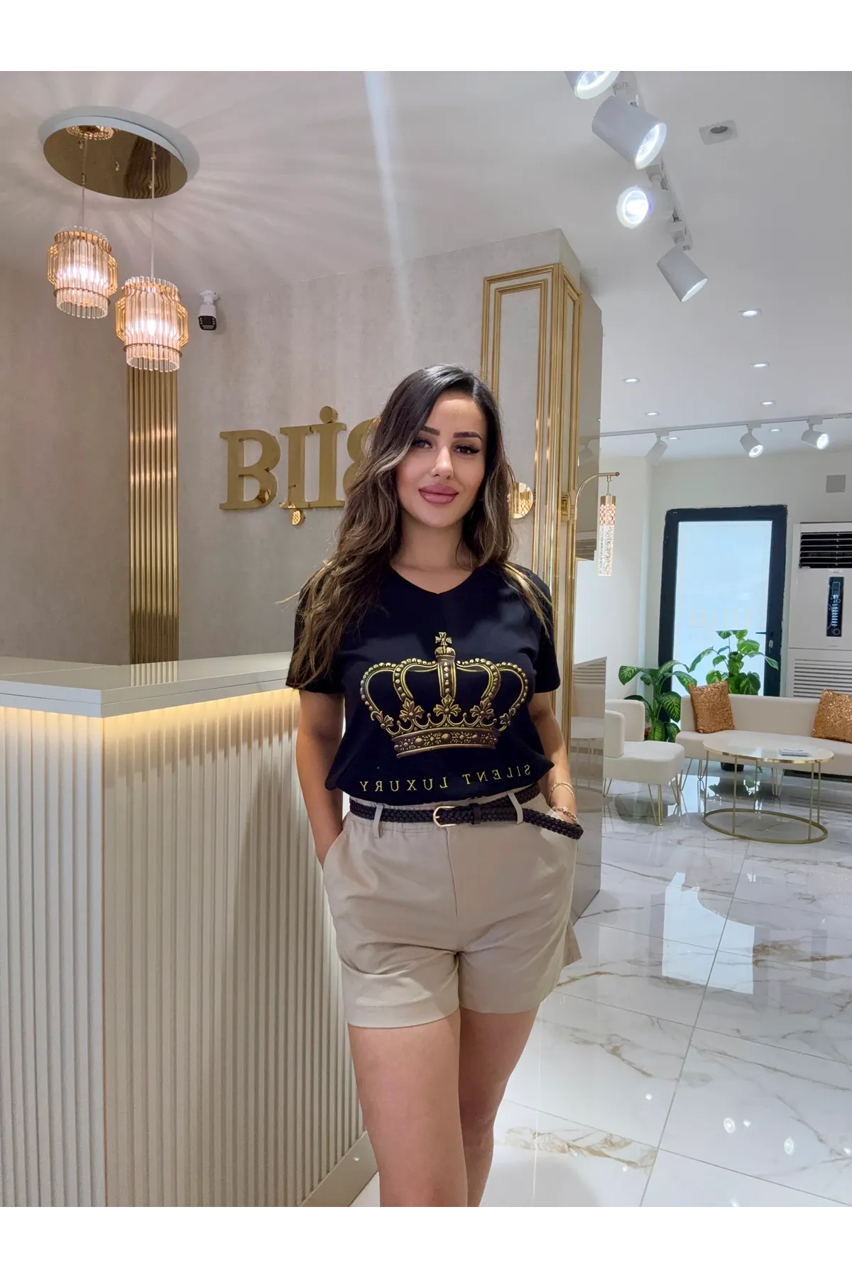 kral taç baskılı kadın tişört-siyah