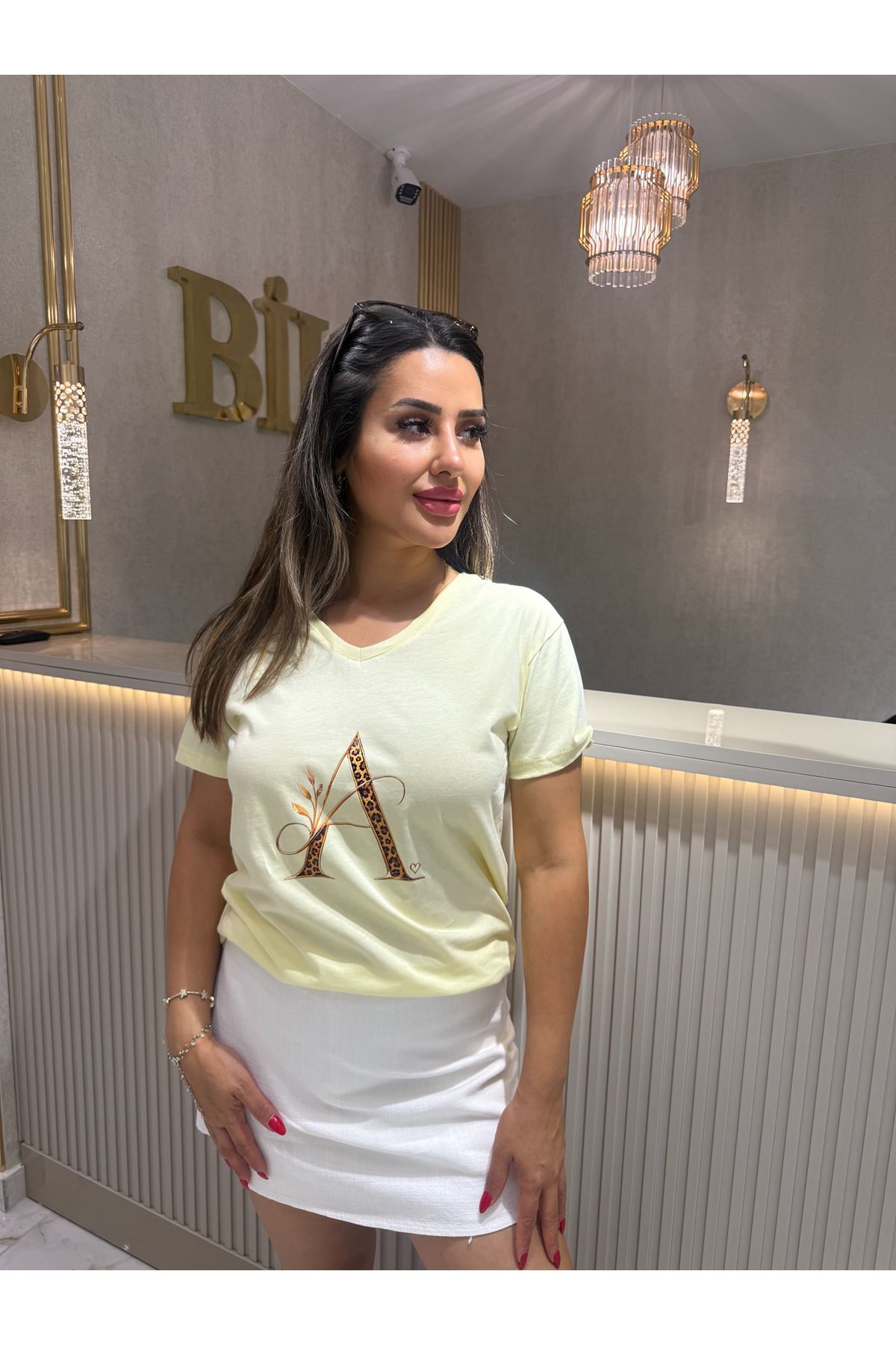 Leopar A Harf Baskı Tişört-Sarı
