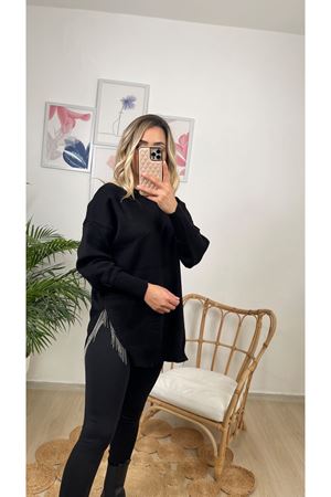 yanı saçaklı triko bluz-siyah