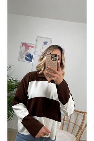 iki renk polo yaka triko bluz-kahve beyaz
