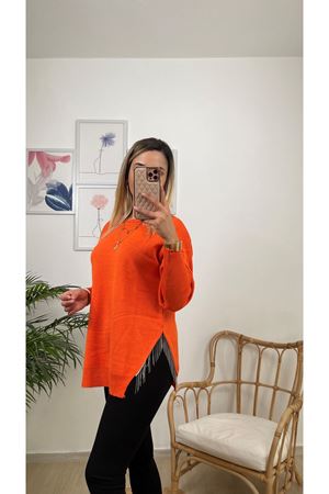 yanı saçaklı triko bluz-turuncu