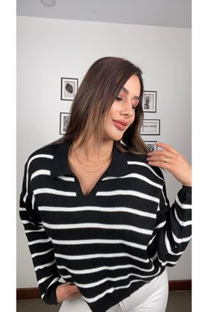 polo yaka salaş çizgili kazak- siyah