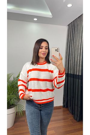 BİSİKLET YAKA KALIN ÇİZGİLİ KAZAK-TURUNCU