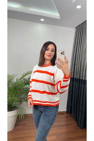 BİSİKLET YAKA KALIN ÇİZGİLİ KAZAK-TURUNCU