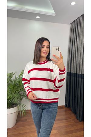 BİSİKLET YAKA KALIN ÇİZGİLİ KAZAK-KIRMIZI