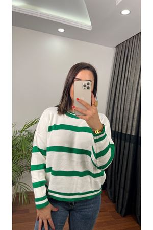 BİSİKLET YAKA KALIN ÇİZGİLİ KAZAK-YEŞİL