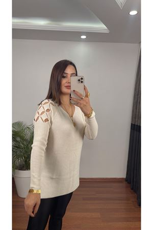 OMUZ PENCERELİ SELANİK TRİKO-KREM